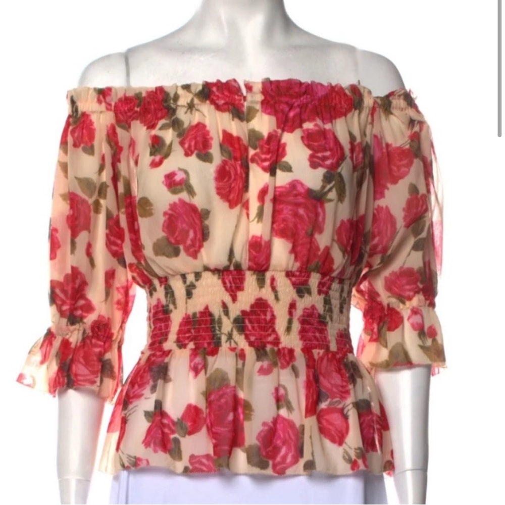 L’Agence Floral Off-Shoulder Top - Red and Pink